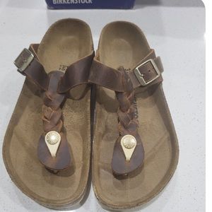 NIB Birkenstock Gizeh Braided Cognac Leather Regular Width Size 37/6